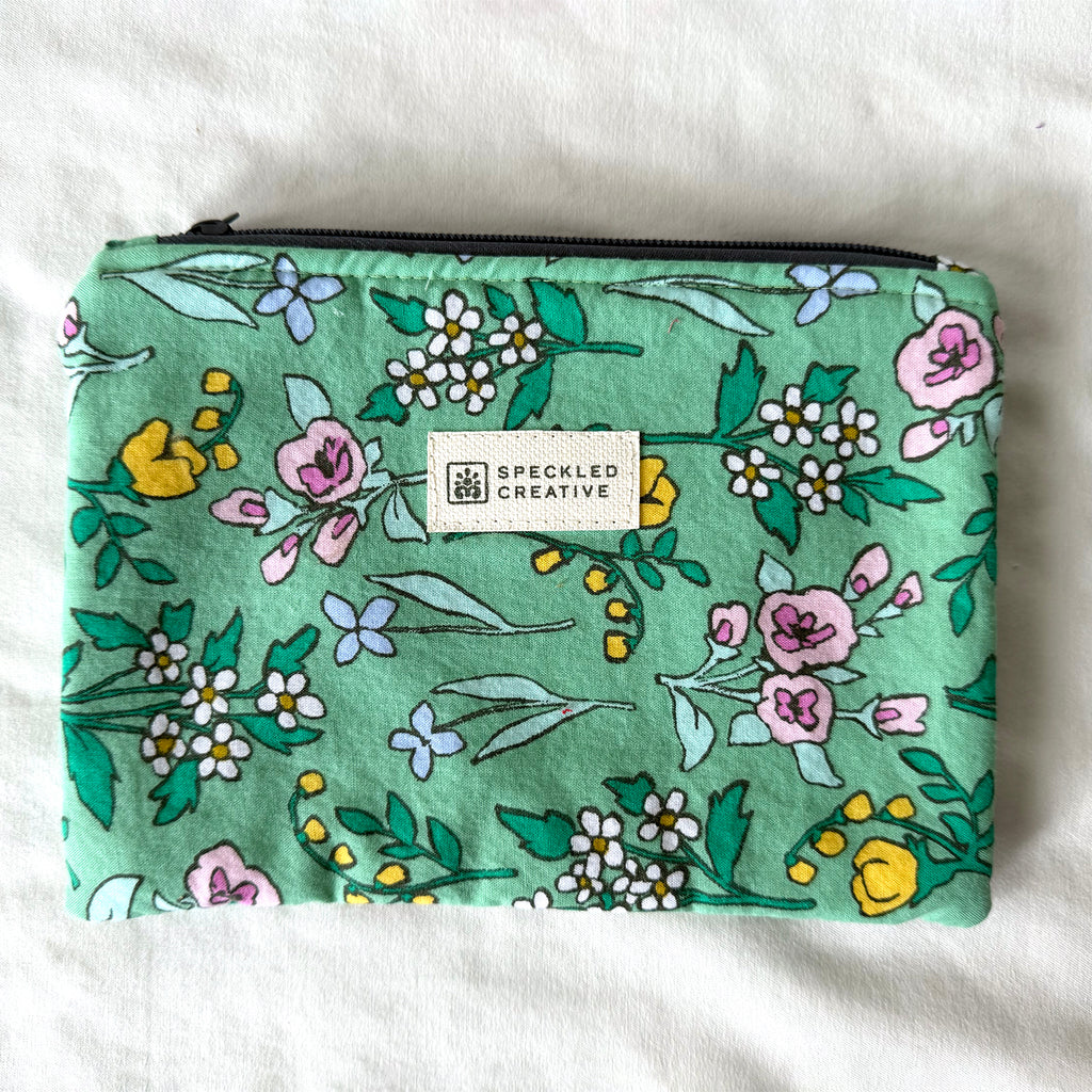 Doodle Green Wildflowers Flat Zipper Pouch