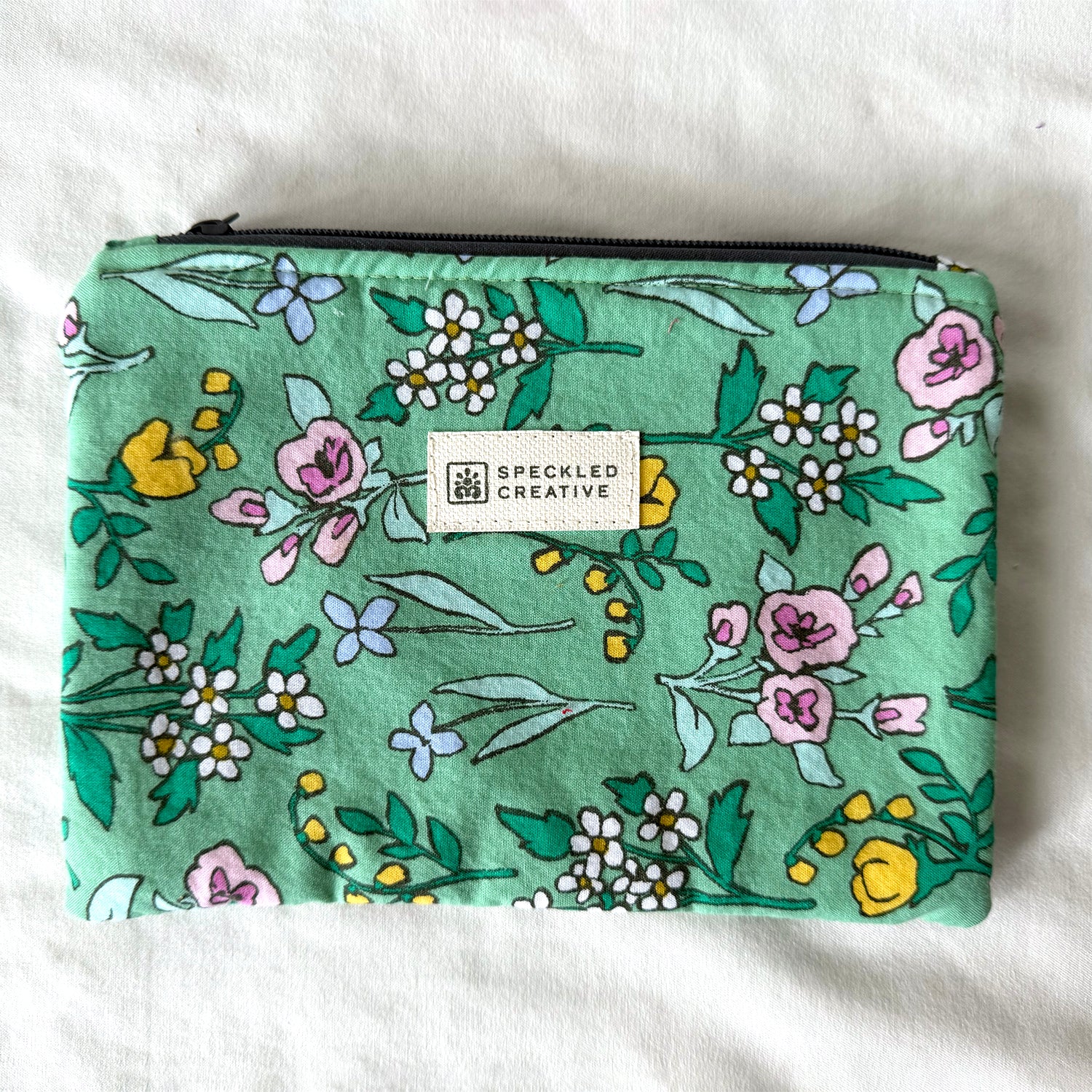 Doodle Green Wildflowers Flat Zipper Pouch