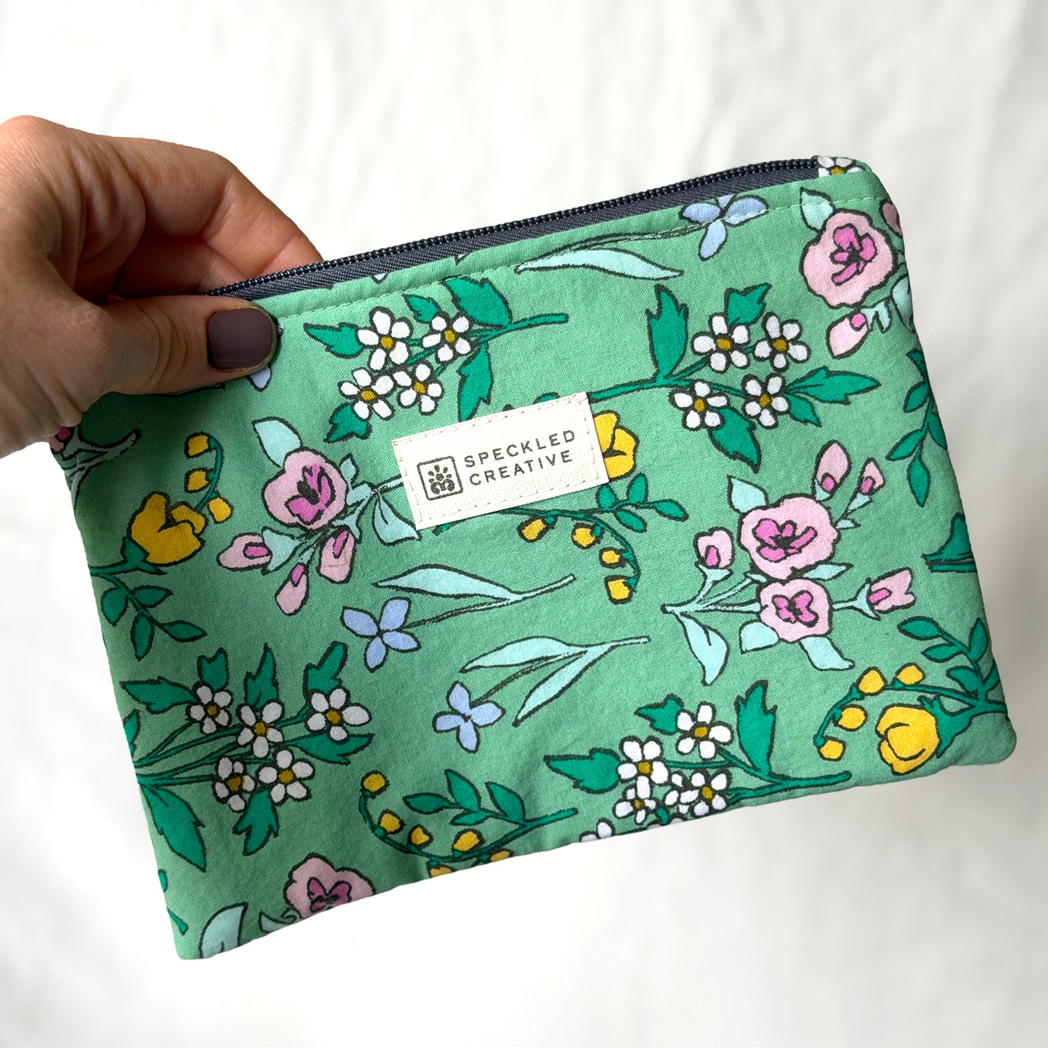 Doodle Green Wildflowers Flat Zipper Pouch