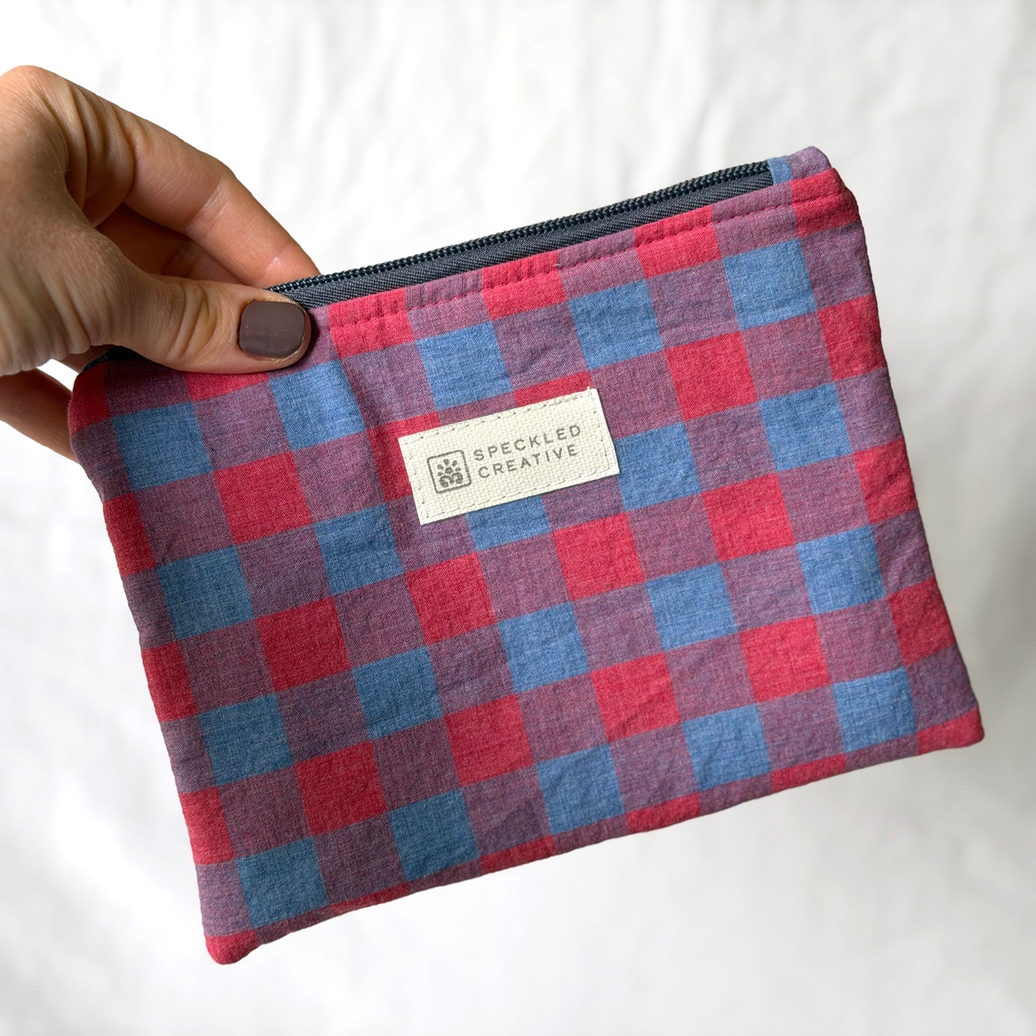Red and Blue Gingham Flat Zipper Pouch
