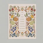 art print with fruit illustrations that surround the words that describe the fruit of the Spirit