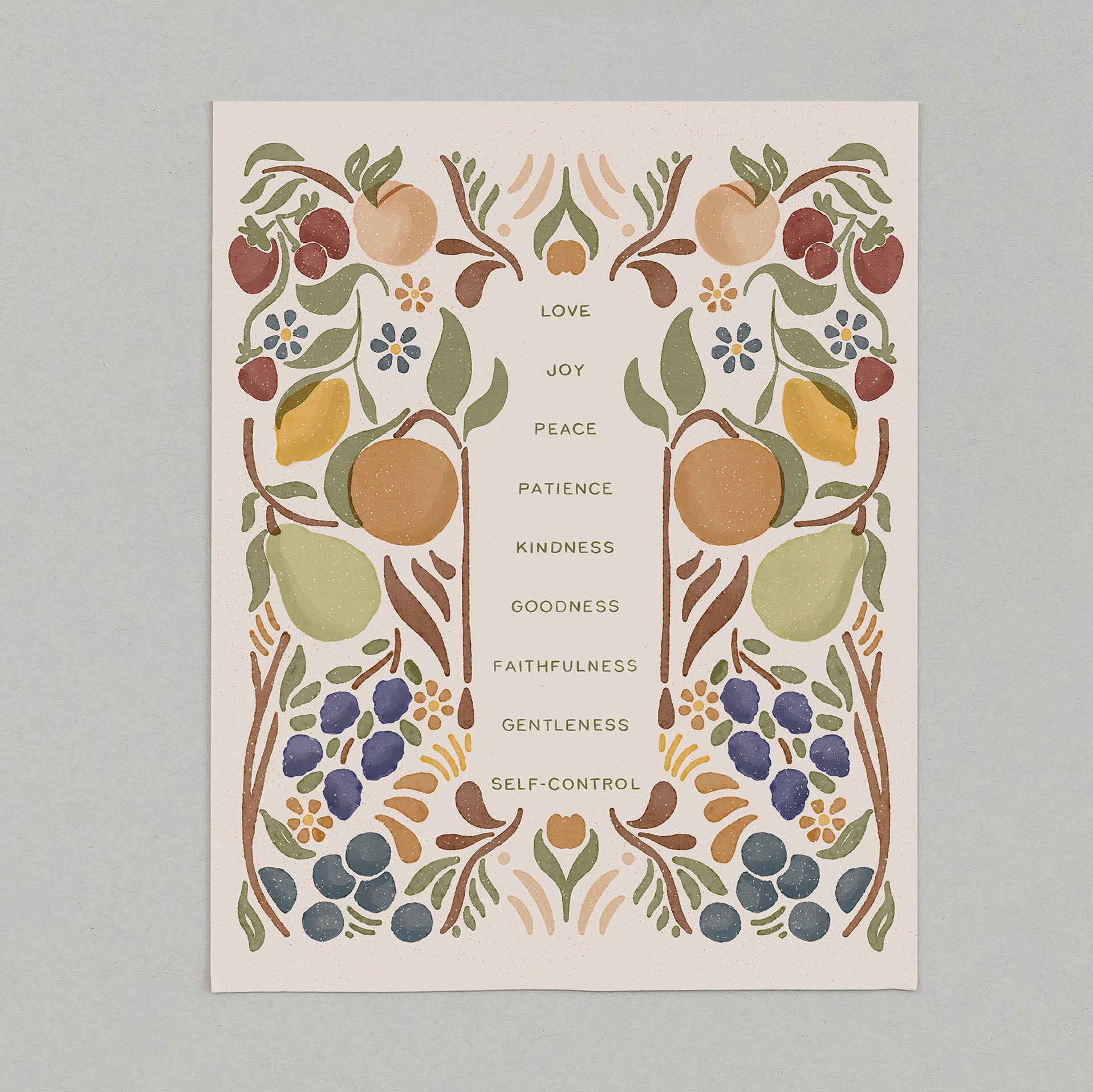 art print with fruit illustrations that surround the words that describe the fruit of the Spirit