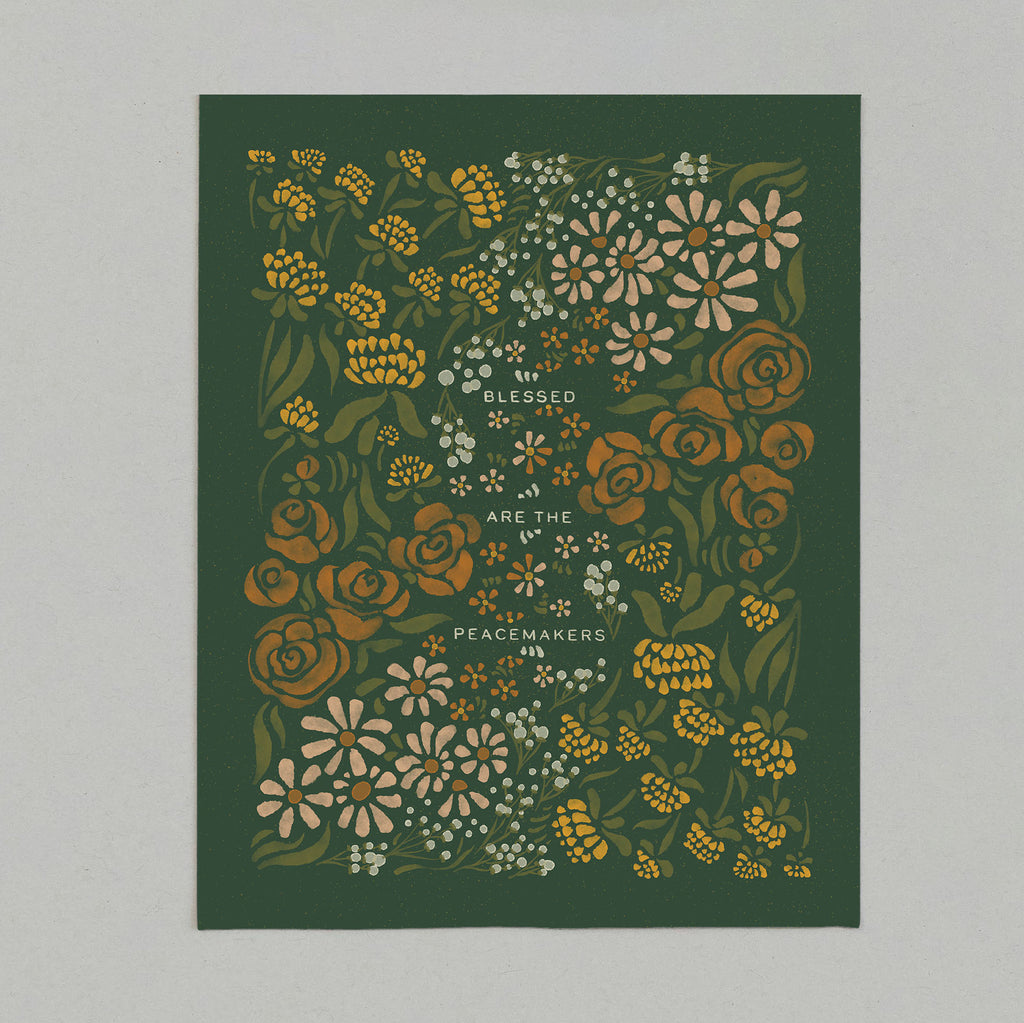 art print of floral illustration that surrounds the text "blessed are the peacemakers"