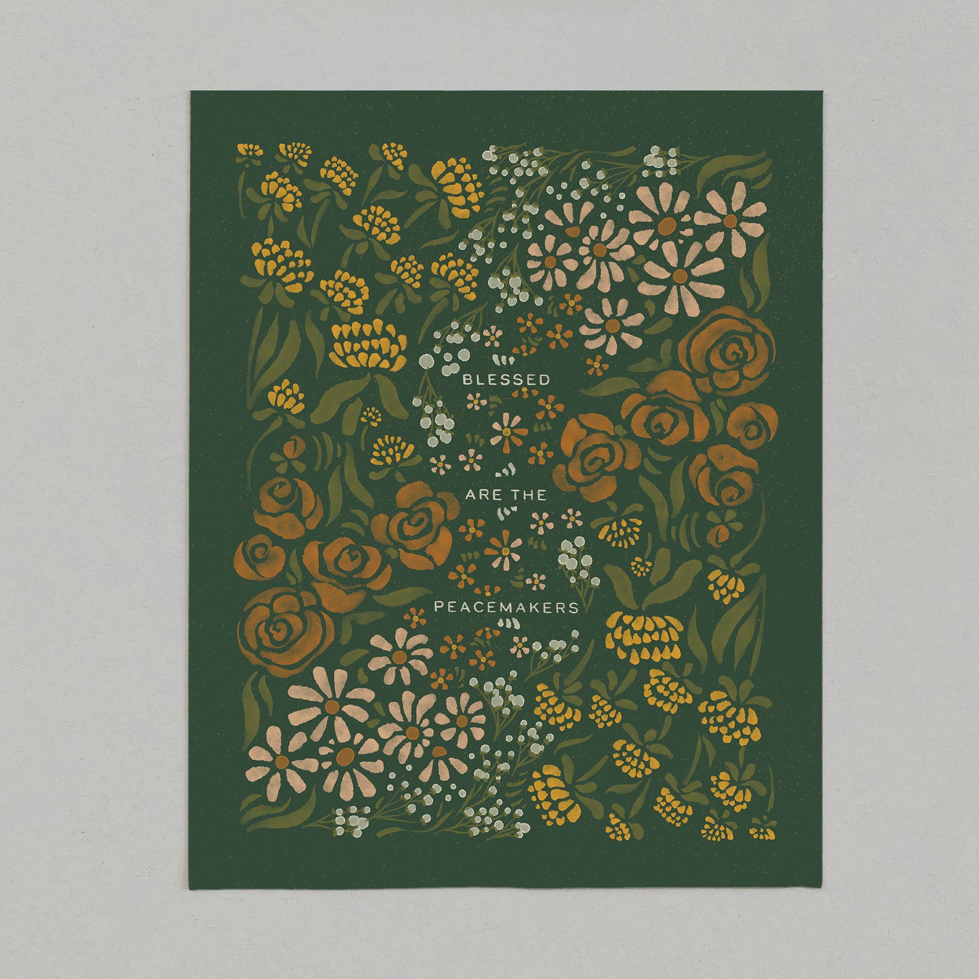 art print of floral illustration that surrounds the text "blessed are the peacemakers"