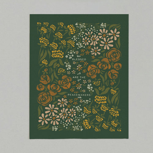 art print of floral illustration that surrounds the text "blessed are the peacemakers"