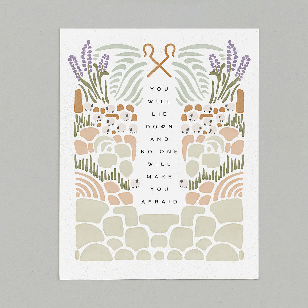 art print with illustration of rocky terrain leading up to sheep and shepherd hooks surrounding the text "you will lie down and no one will make you afraid"