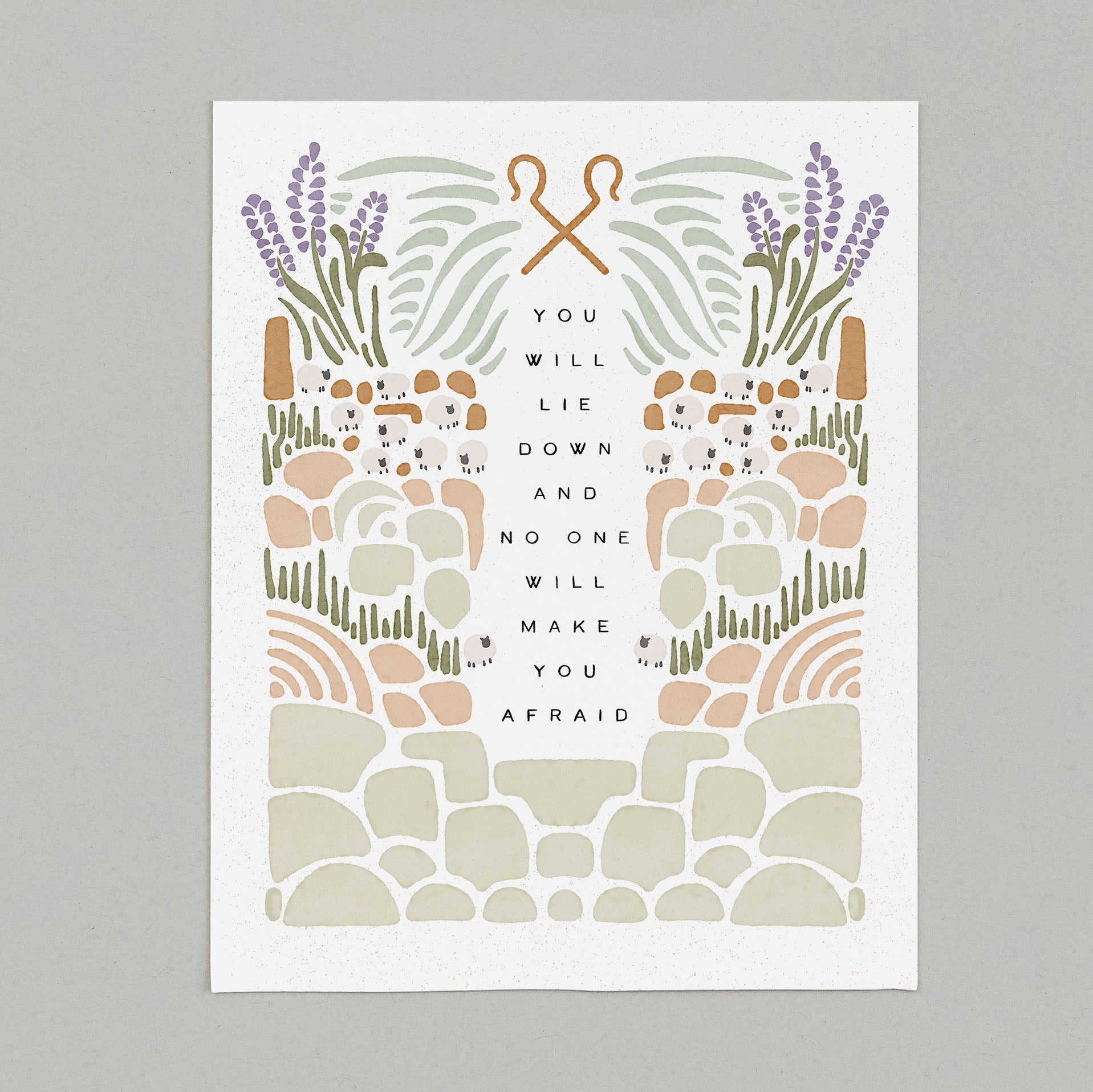 art print with illustration of rocky terrain leading up to sheep and shepherd hooks surrounding the text "you will lie down and no one will make you afraid"