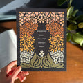 Hand holding art print with floral illustration surrounding words that say "steadfast minds will keep perfect peace"