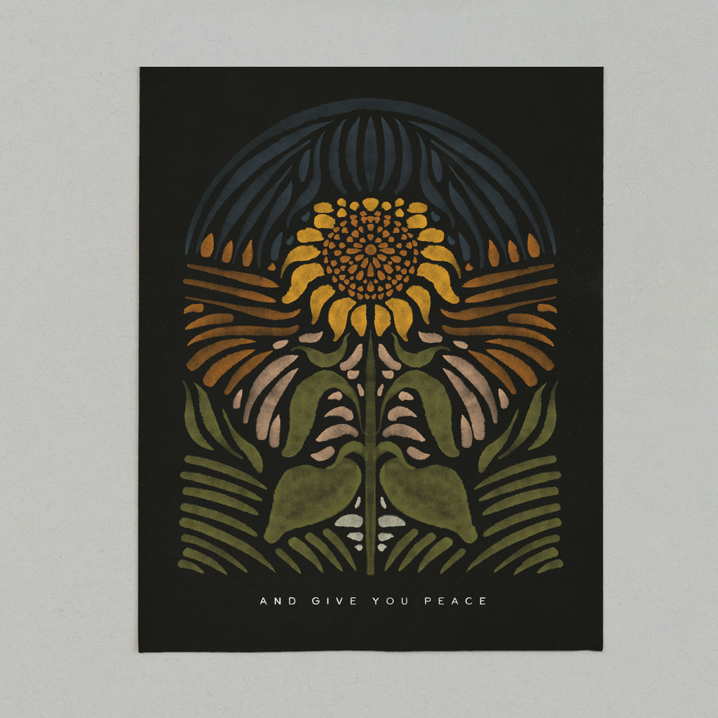 art print of a sunflower with it's head up at night with the text "and give you peace"