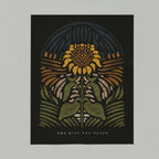 art print of a sunflower with it's head up at night with the text "and give you peace"