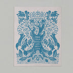 Art print with blue floral and animal design with motivational text that says "make your whole life about love" on a light gray background.