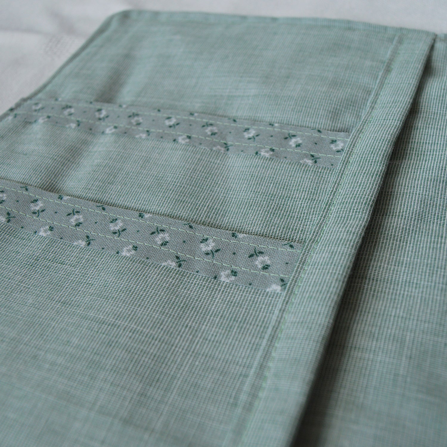 Close-up of a teal fabric pouch with floral details on a white background