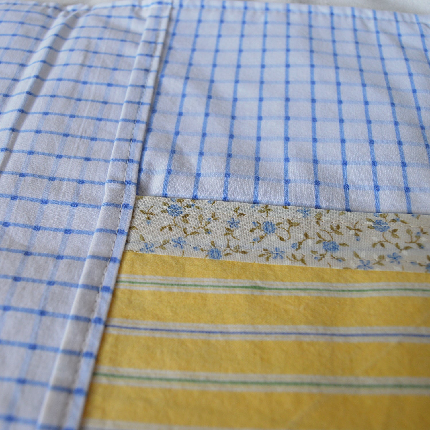 Close-up of the inside of a fabric pouch with blue checkered, floral border, and yellow striped patterns.