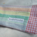 Pastel rainbow pouch shaped like a pencil  with a label reading 'speckled creative' on a checkered background